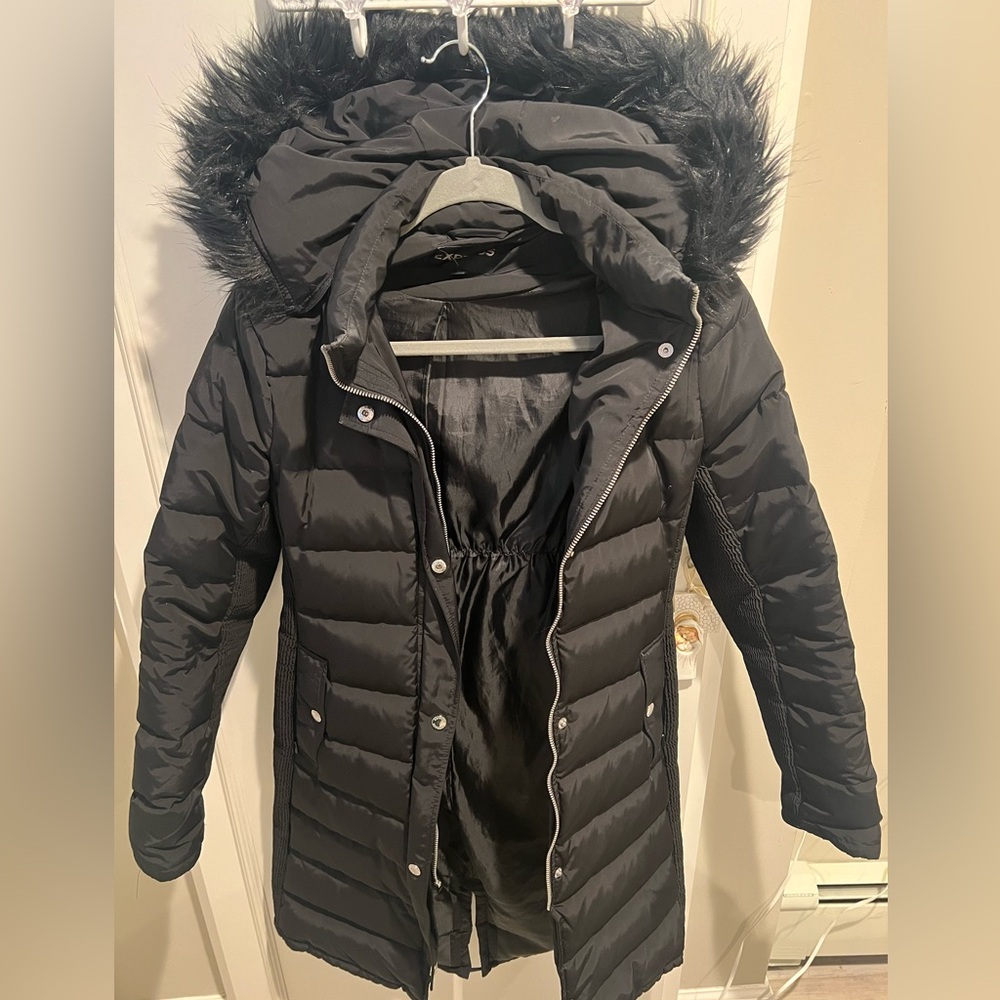 Express long black puffer coat